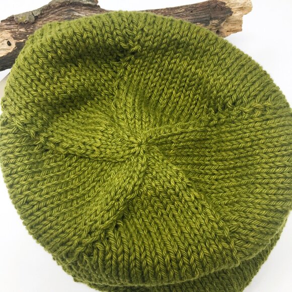 Handknitted Cotton Avocado Green Stretchable Ribbed Edge Slouchy Hat - Picture 3 of 16